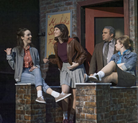 Mr. Mushnik (Jason Bustos) tries to kick Chiffon (Jennifer Gough), Crystal (Lindsay Schulz) and Ronnette (Julia Thollaug) off his stoop. (Photo by Lance Huntley)